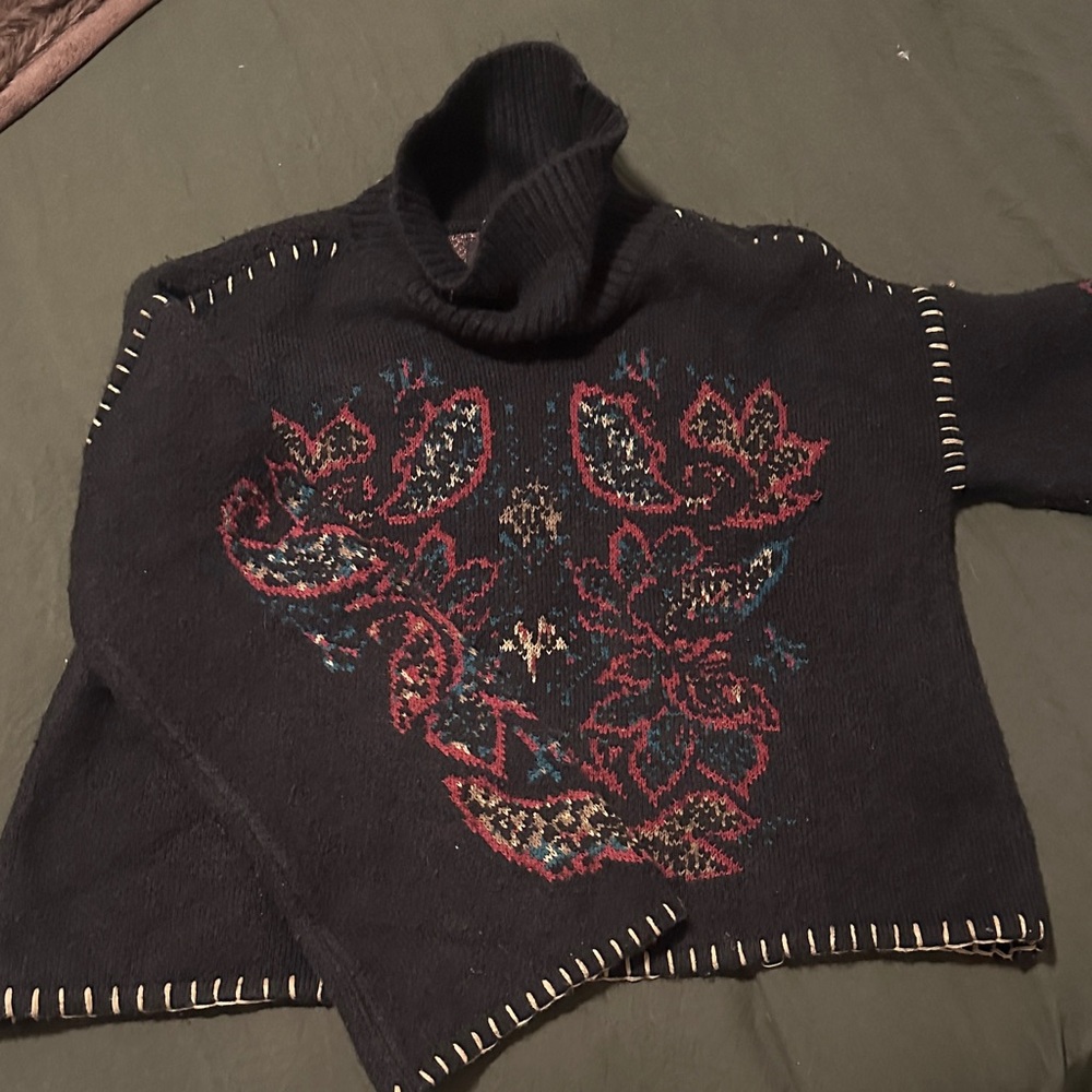 Shyanne Black Turtleneck Sweater with Red & Blue Floral Motif